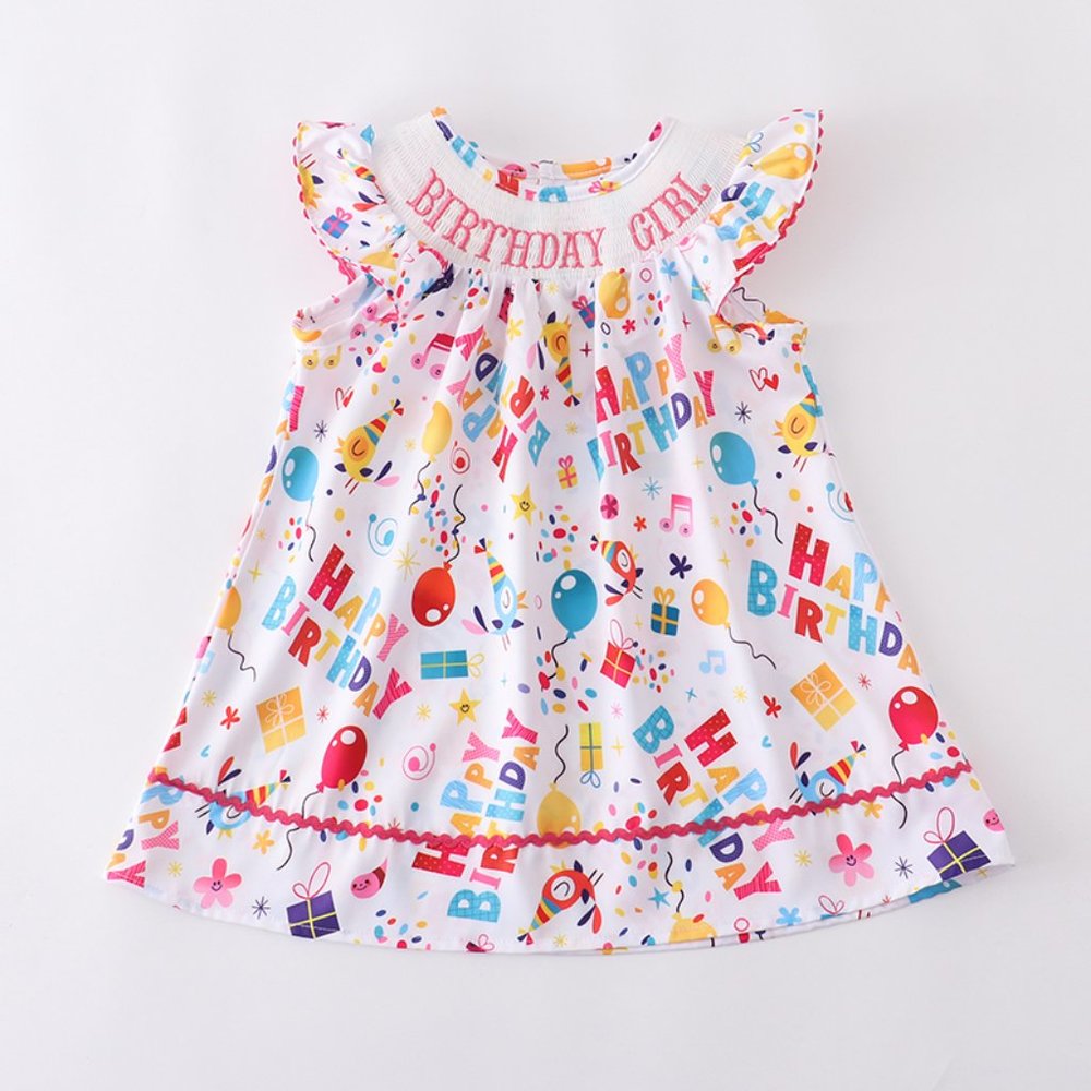 Boutique Birthday Girls Embroidered Smocked Dress